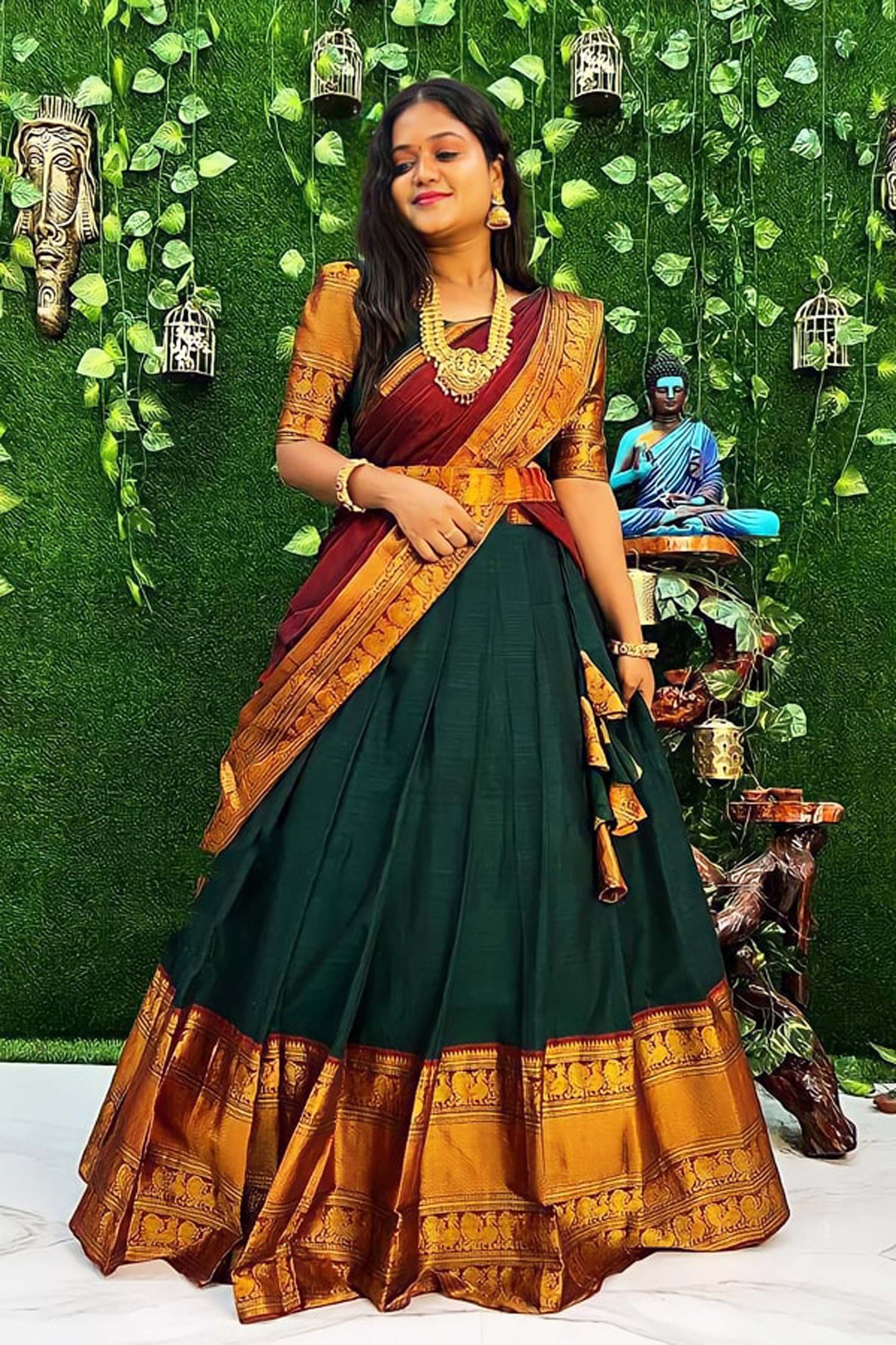 Traditional Wear Green Zari Silk Half Saree Lehenga South Indian