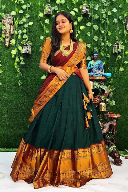Traditional Wear Green Zari Silk  Half Saree Lehenga South Indian Style With Belt