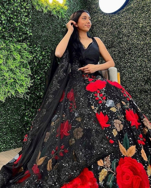 Designer Black Mono Net Sequence And Embroidery Work Lehenga Choli