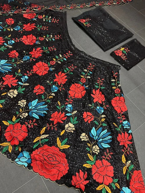 Designer Black Mono Net Sequence And Embroidery Work Lehenga Choli
