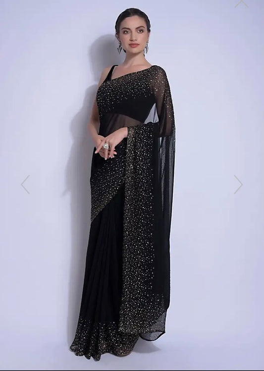 Amazing Black Georgette Stone Work Border Saree Blouse For Women