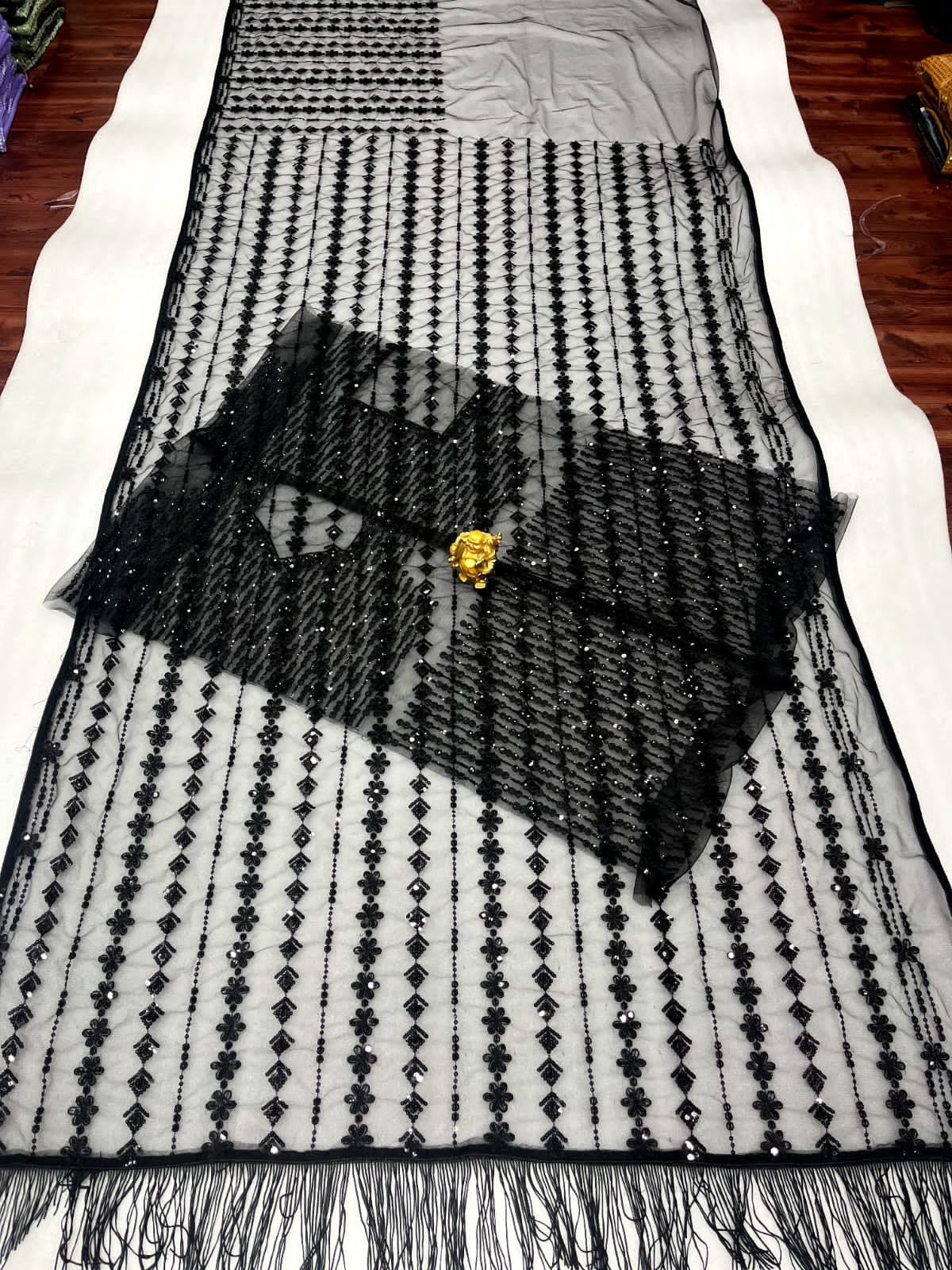 Beautiful Black Color Soft Net Sequence Work Designer Saree With Embroidered Blouse