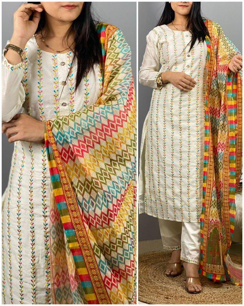 Cotton Silk Embroidered Readymade Kurti Pant Dupatta Set For Girls