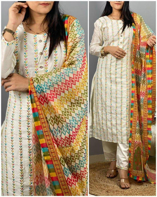 Cotton Silk Embroidered Readymade Kurti Pant Dupatta Set For Girls