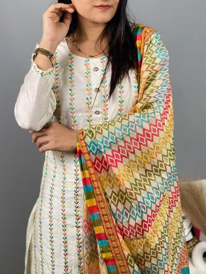 Cotton Silk Embroidered Readymade Kurti Pant Dupatta Set For Girls