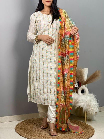 Cotton Silk Embroidered Readymade Kurti Pant Dupatta Set For Girls