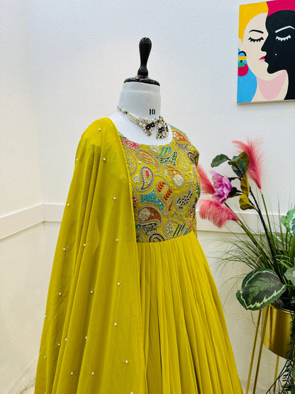 Wedding Wear Georgette Mehndi Green Full Stitched Gown