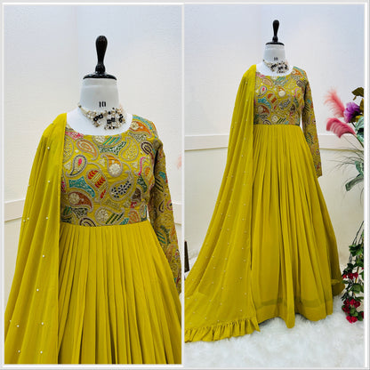 Wedding Wear Georgette Mehndi Green Full Stitched Gown