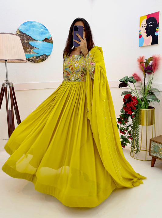 Wedding Wear Georgette Mehndi Green Full Stitched Gown