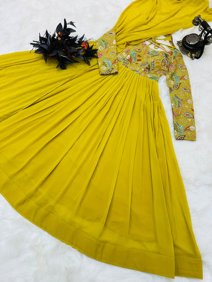 Wedding Wear Georgette Mehndi Green Full Stitched Gown