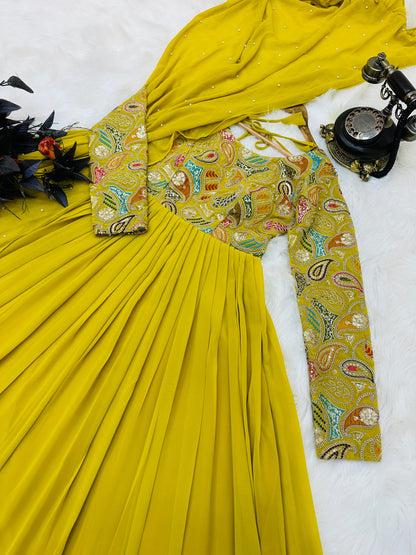 Wedding Wear Georgette Mehndi Green Full Stitched Gown
