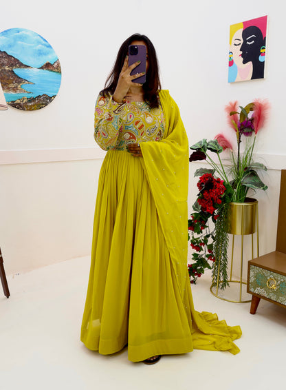 Wedding Wear Georgette Mehndi Green Full Stitched Gown