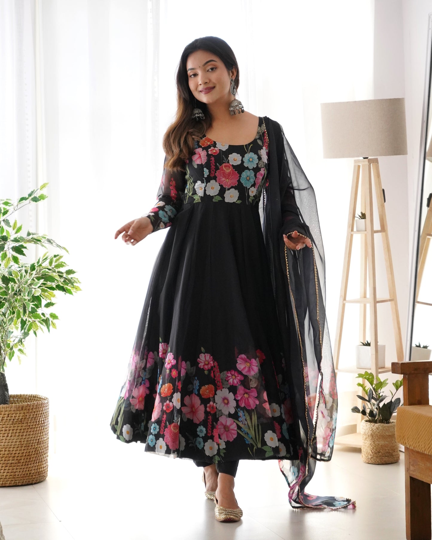 Black Pure Organza Silk Printed Full Stitched Anarkali Frock Set