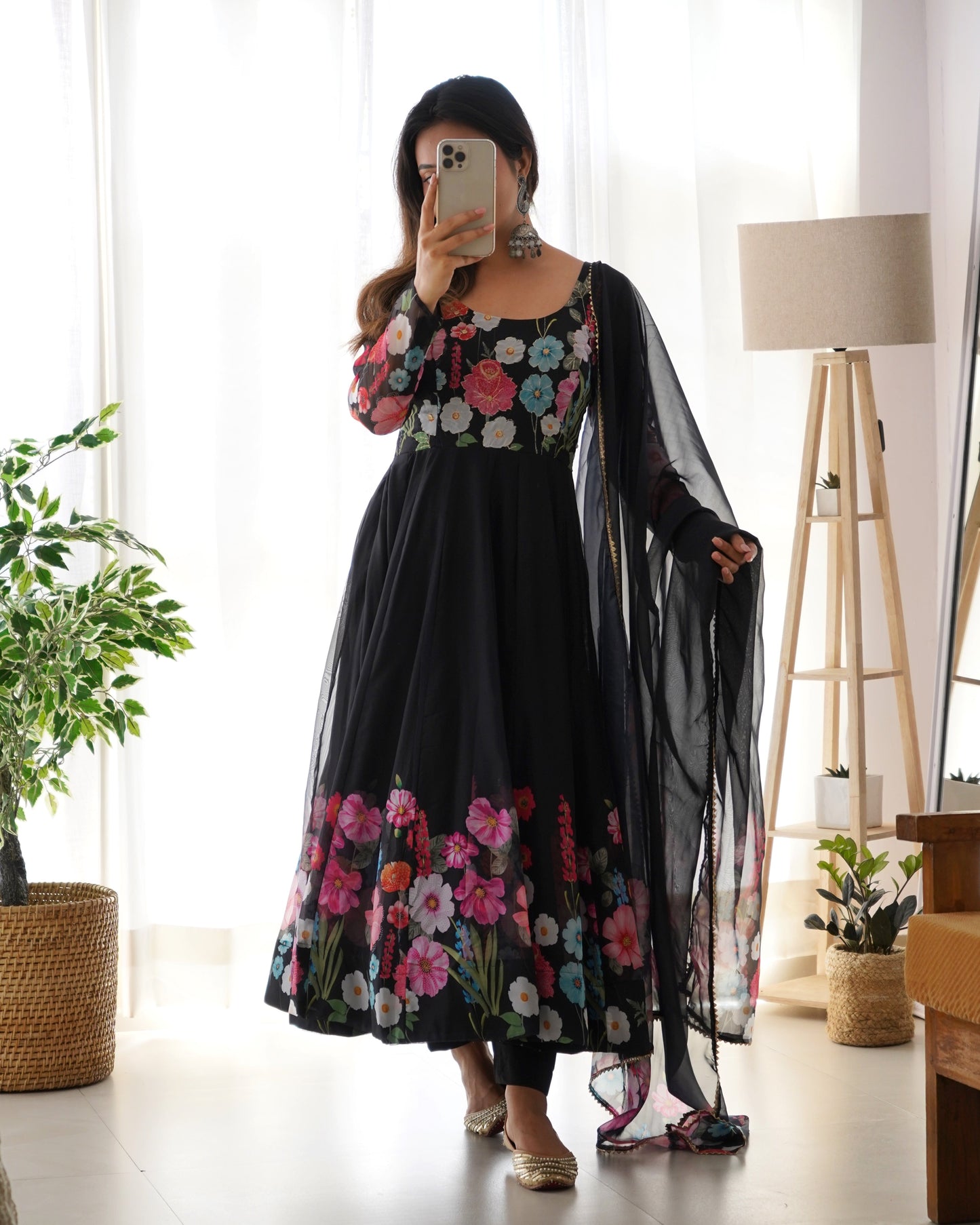 Black Pure Organza Silk Printed Full Stitched Anarkali Frock Set