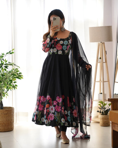 Black Pure Organza Silk Printed Full Stitched Anarkali Frock Set