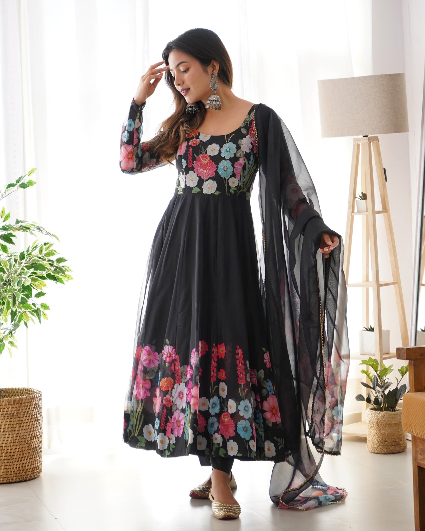 Black Pure Organza Silk Printed Full Stitched Anarkali Frock Set