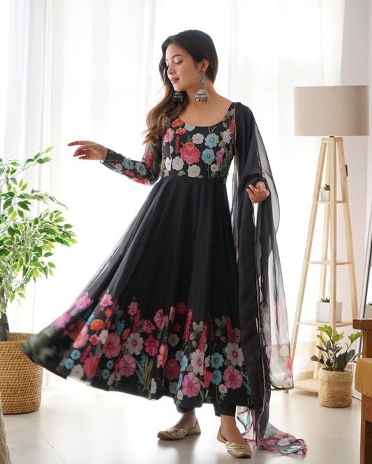 Black Pure Organza Silk Printed Full Stitched Anarkali Frock Set
