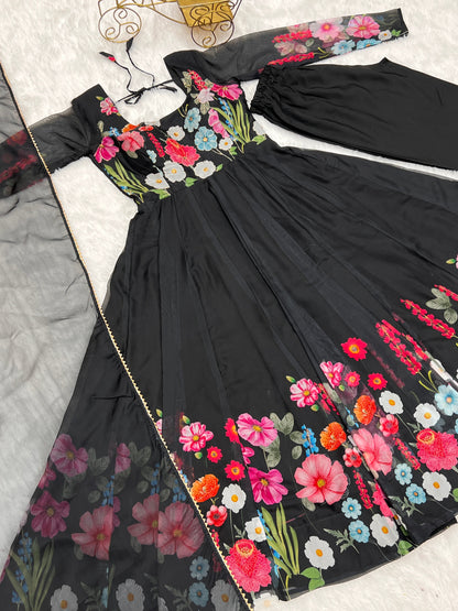 Black Pure Organza Silk Printed Full Stitched Anarkali Frock Set