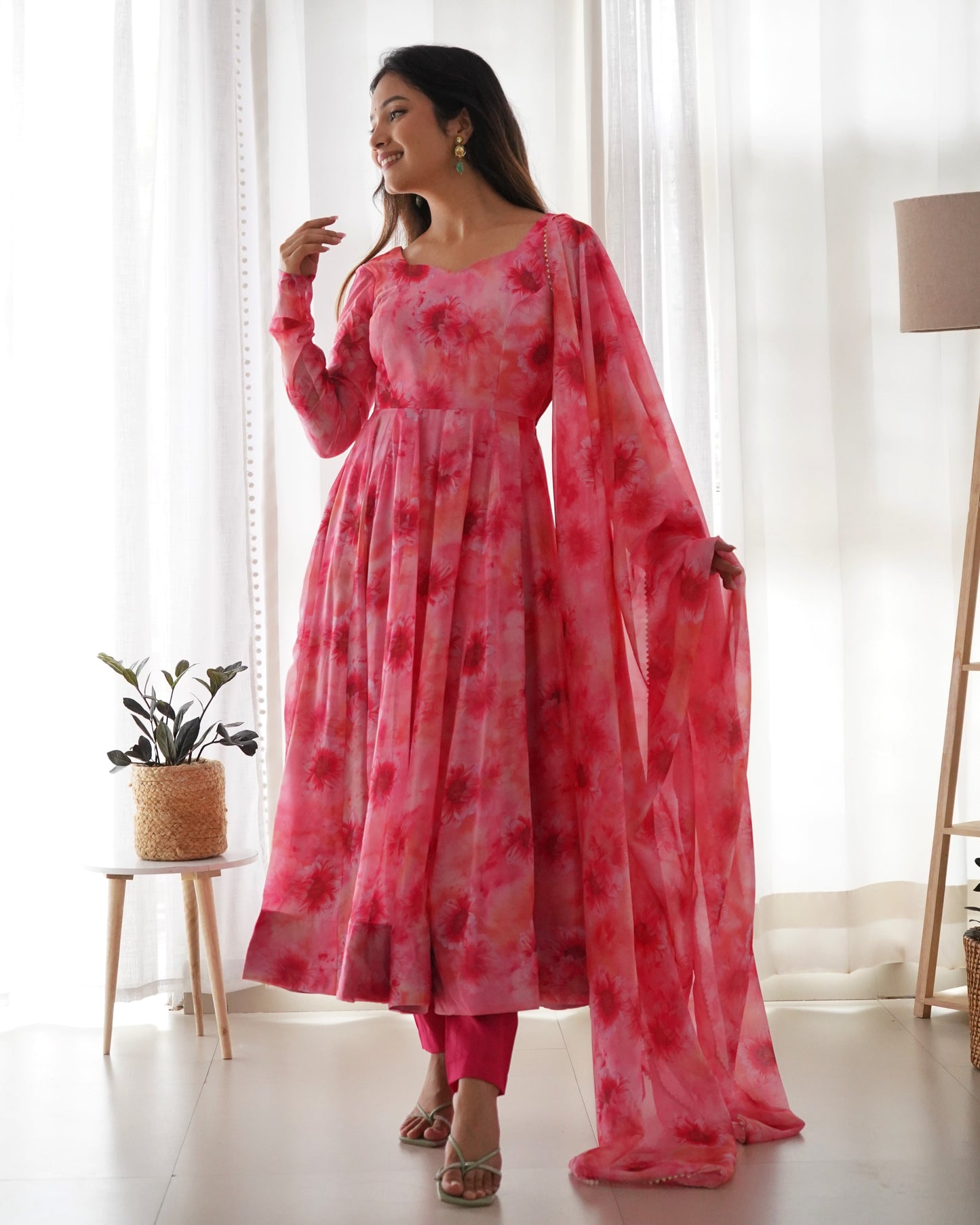Pink Organza Silk Floral Printed Gown