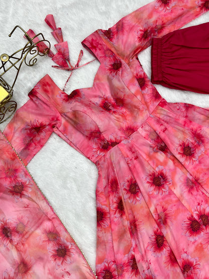 Pink Organza Silk Floral Printed Gown
