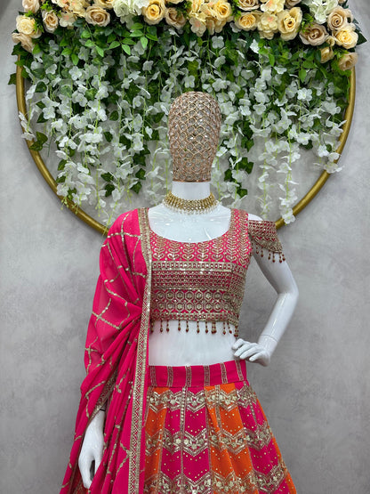 Designer Pink Orange Color Georgette Sequence Work Wedding Wear Lehenga