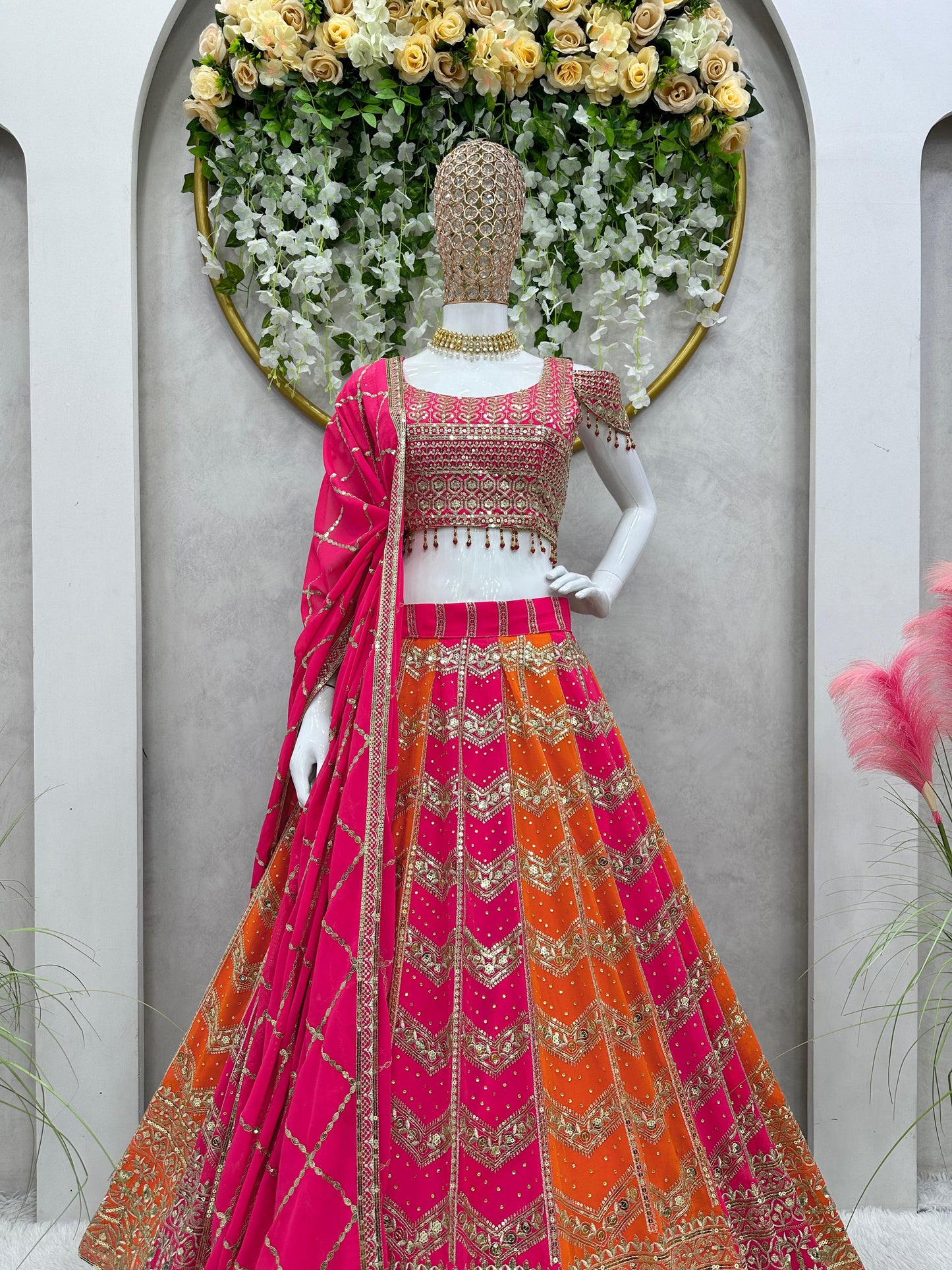 Designer Pink Orange Color Georgette Sequence Work Wedding Wear Lehenga