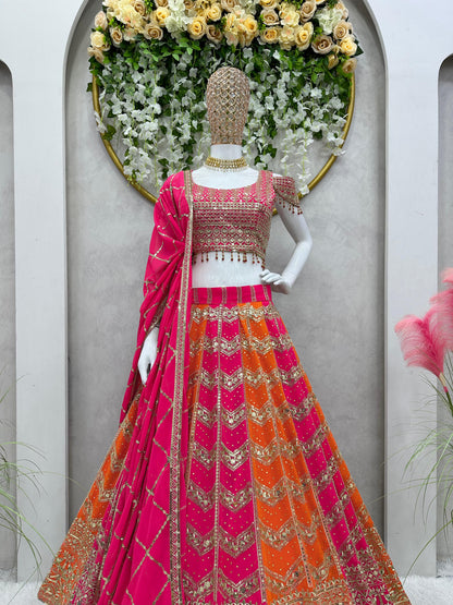Designer Pink Orange Color Georgette Sequence Work Wedding Wear Lehenga