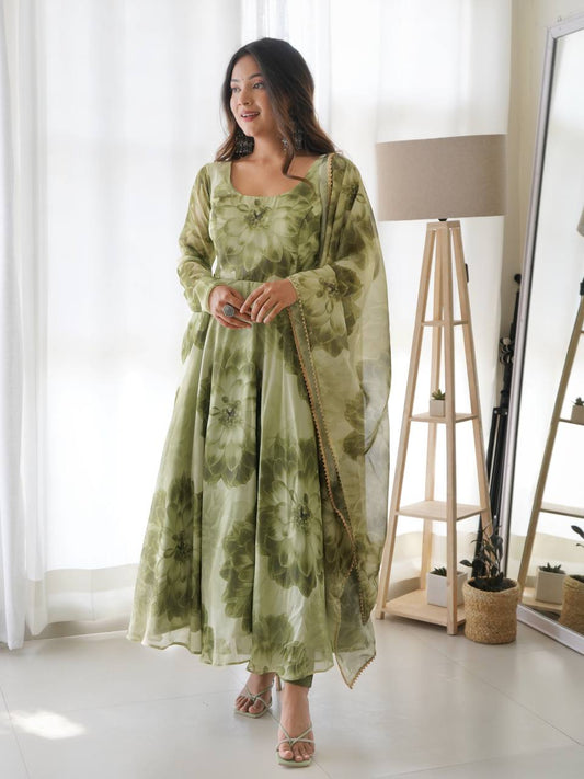 Mehendi Green Soft Organza Silk Printed Anarkali Gown Set Pant Dupatta