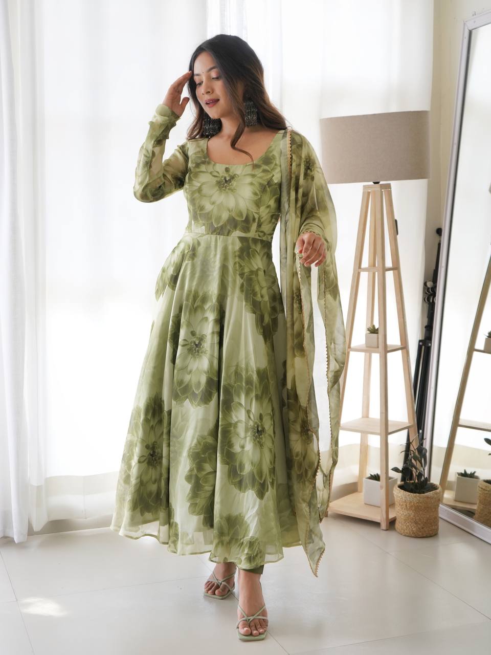 Mehendi Green Soft Organza Silk Printed Anarkali Gown Set Pant Dupatta