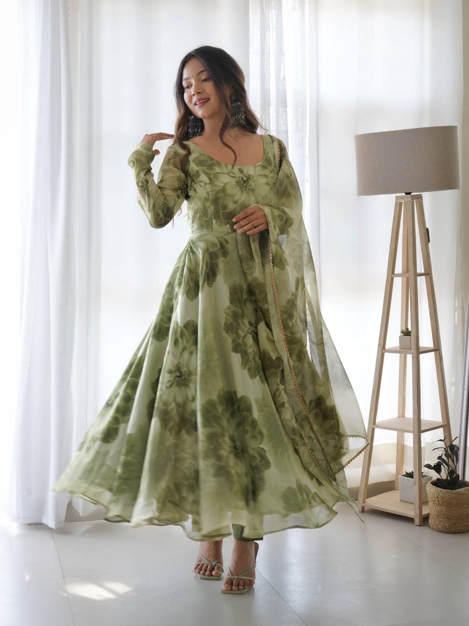 Mehendi Green Soft Organza Silk Printed Anarkali Gown Set Pant Dupatta