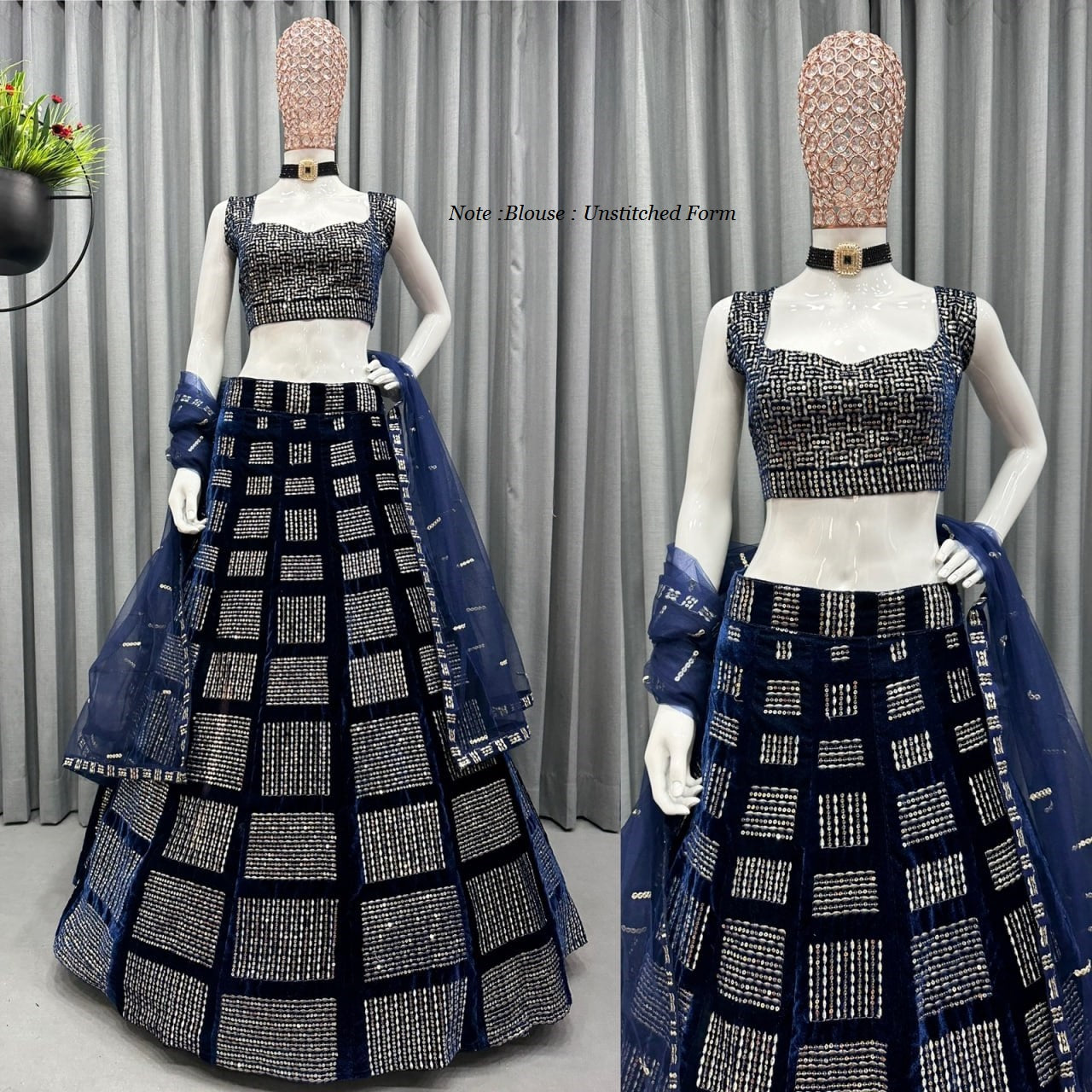 Navy Blue Soft Velvet Sequence Embroidered Designer Lehenga Choli