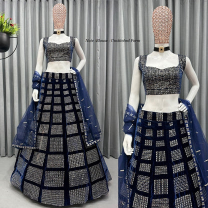 Navy Blue Soft Velvet Sequence Embroidered Designer Lehenga Choli