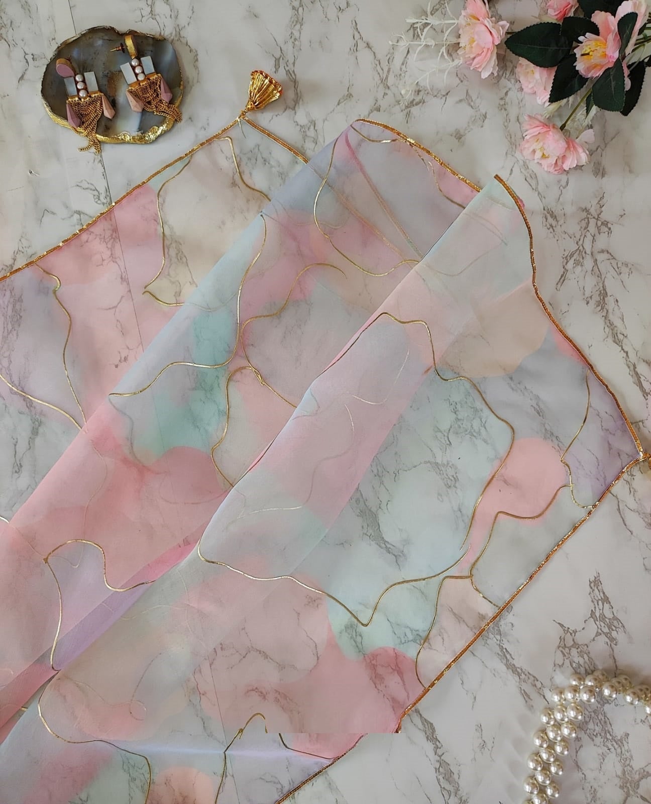 Stylish Pure Organza Silk With Hand Foil Print MultiColor Saree Blouse For Women