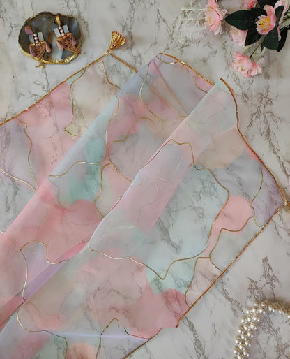 Stylish Pure Organza Silk With Hand Foil Print MultiColor Saree Blouse For Women