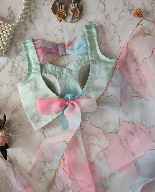 Charming Multi Color Soft Organza Silk Hand Foil Print Saree Blouse For Women