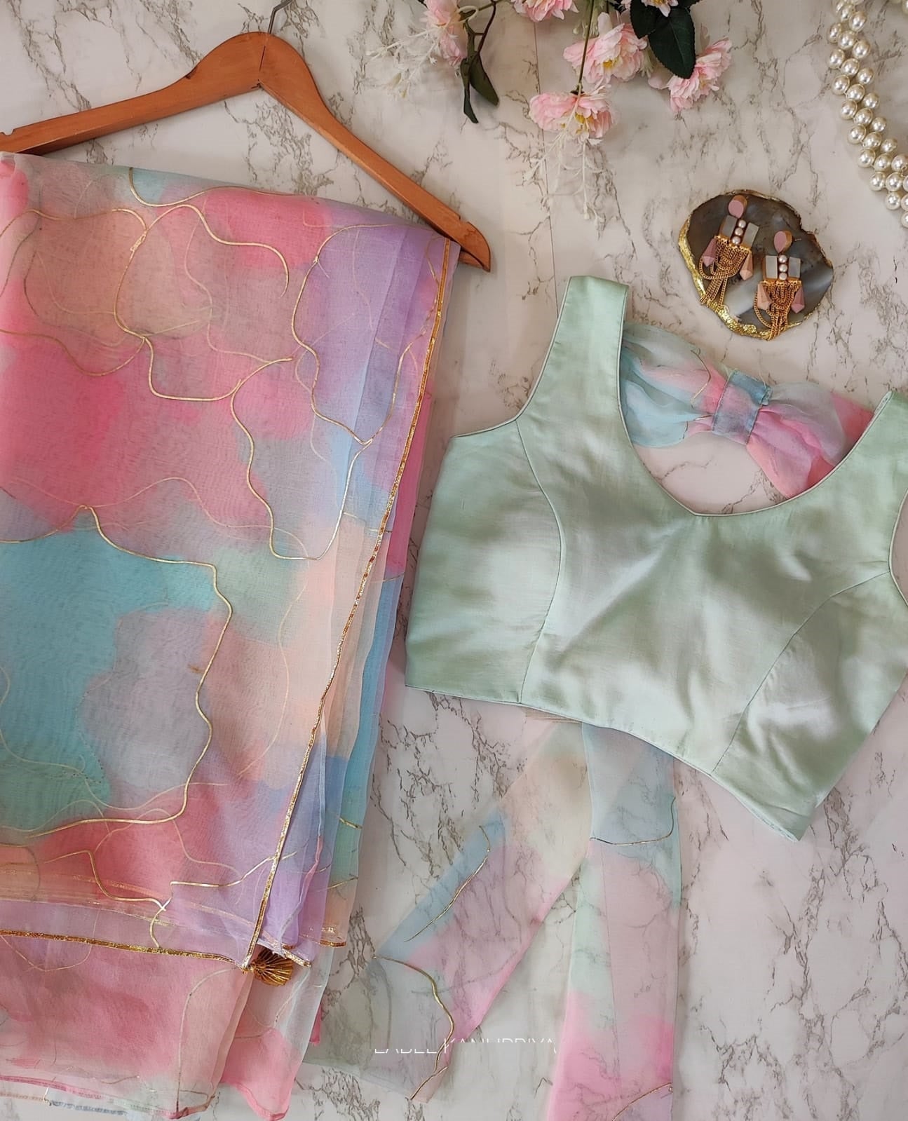 Charming Multi Color Soft Organza Silk Hand Foil Print Saree Blouse For Women