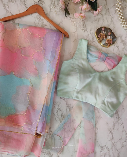 Stylish Pure Organza Silk With Hand Foil Print MultiColor Saree Blouse For Women