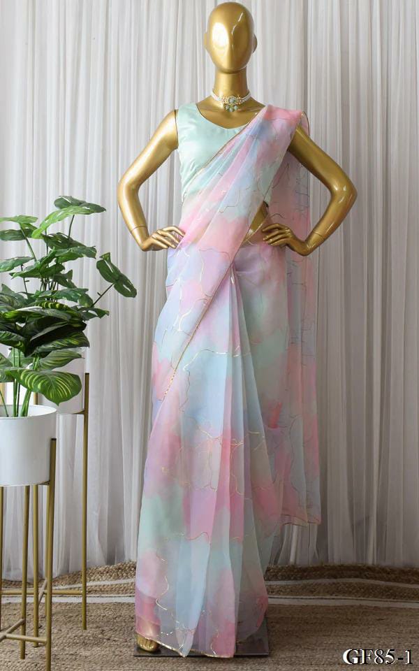 Charming Multi Color Soft Organza Silk Hand Foil Print Saree Blouse For Women