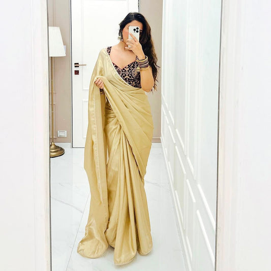 Golden J-pan Satin Silk Plain Saree with Velvet Work Blouse