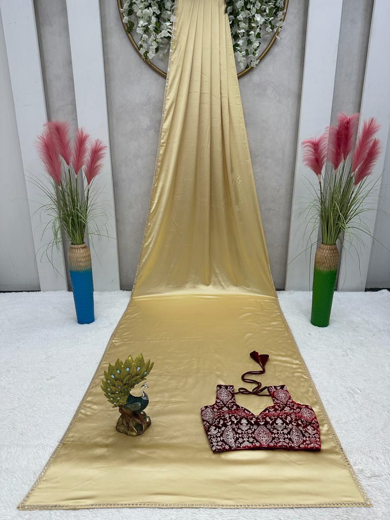 Golden J-pan Satin Silk Plain Saree with Velvet Work Blouse