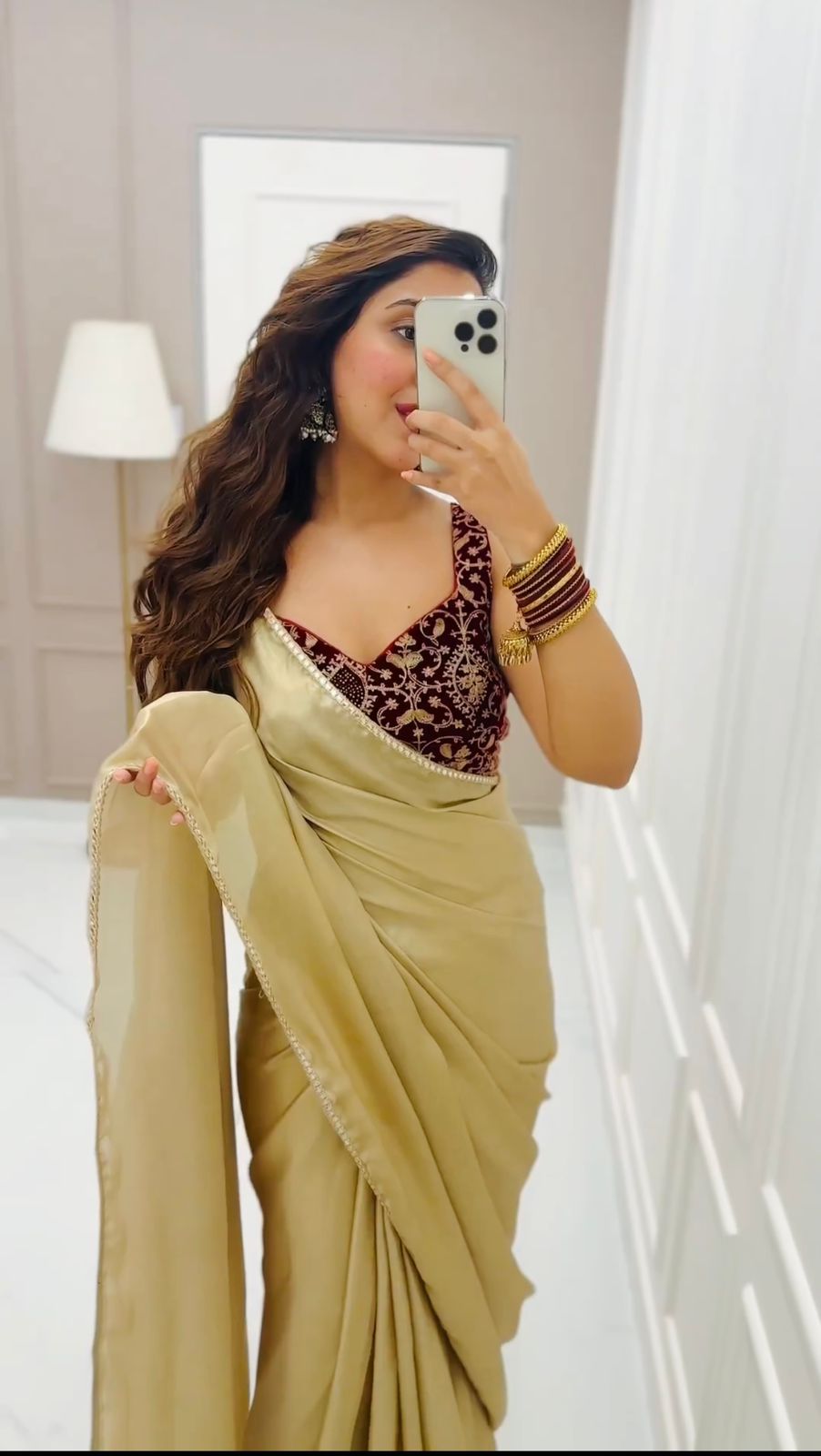 Golden J-pan Satin Silk Plain Saree with Velvet Work Blouse