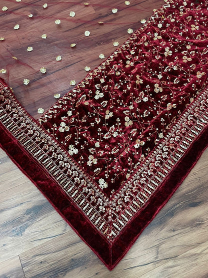 Maroon Color Velvet Embroidered Ready To Wear Gown