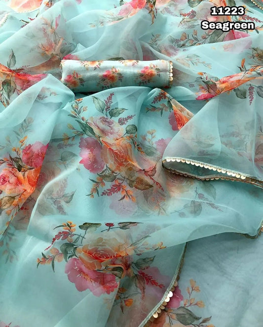 Charming Designer Soft Organza Fancy Saree With Digital Print For Women