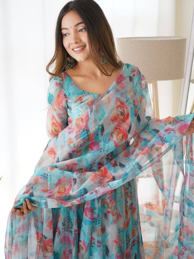Firozi Organza Silk Printed Full Stitched Frock With Pant and Dupatta