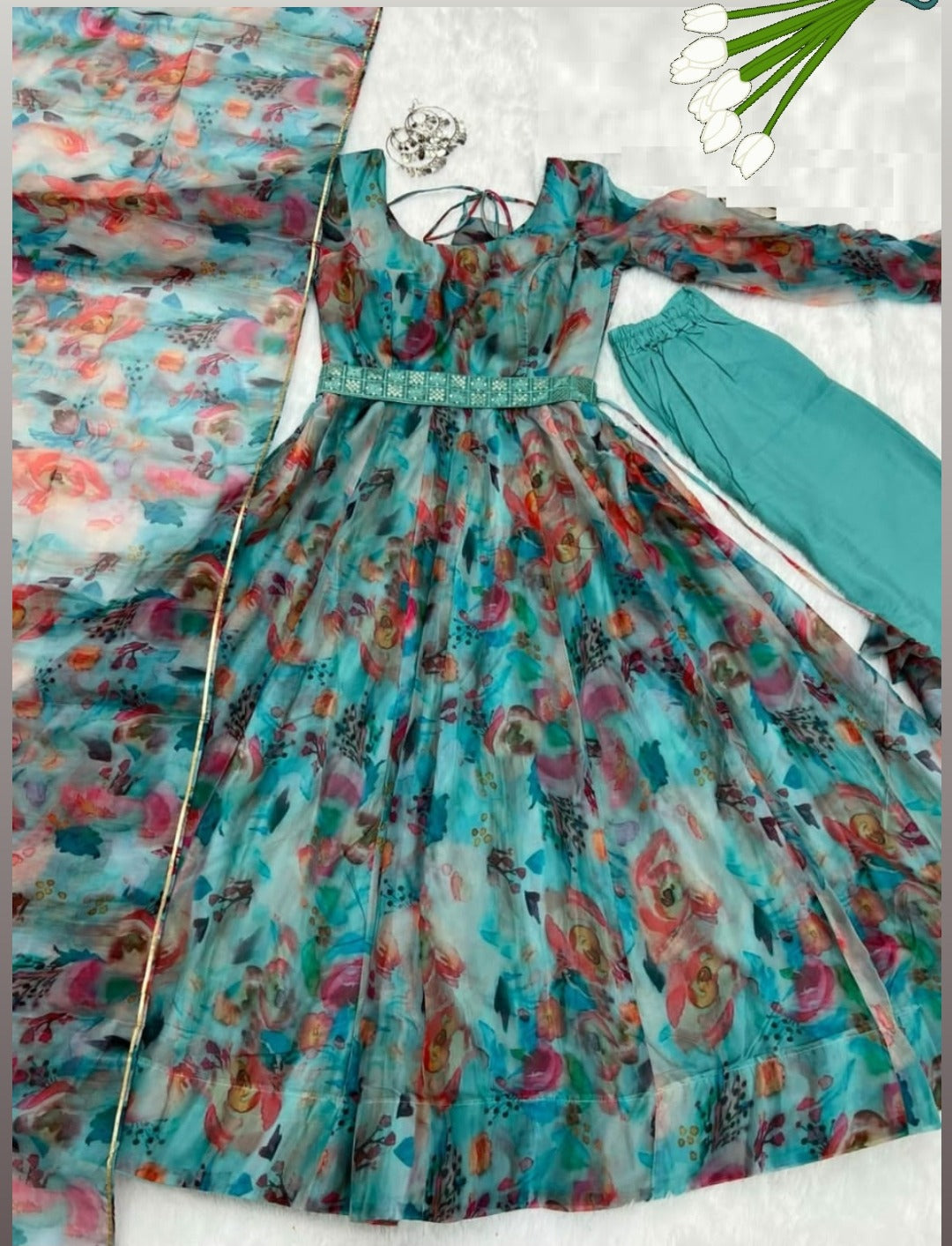 Firozi Organza Silk Printed Full Stitched Frock With Pant and Dupatta