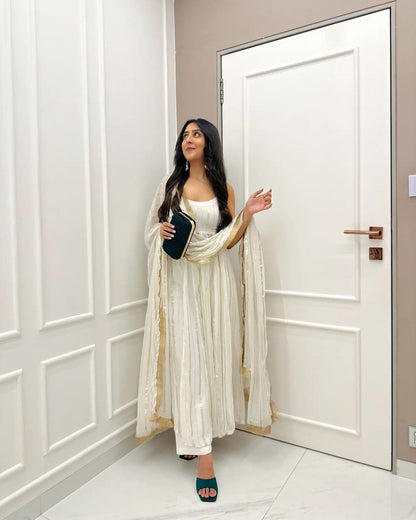Ivory Color Organza Silk Full Stitched Suit For Girls Wear