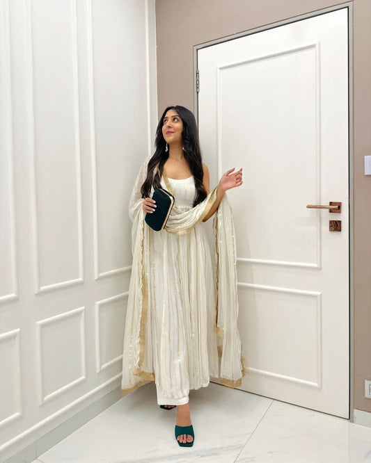 Ivory Color Organza Silk Full Stitched Suit For Girls Wear