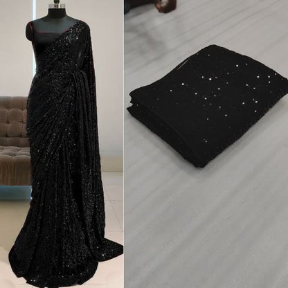 Wedding Wear Black Color Georgette Full Sequence Work Saree Blouse For Women