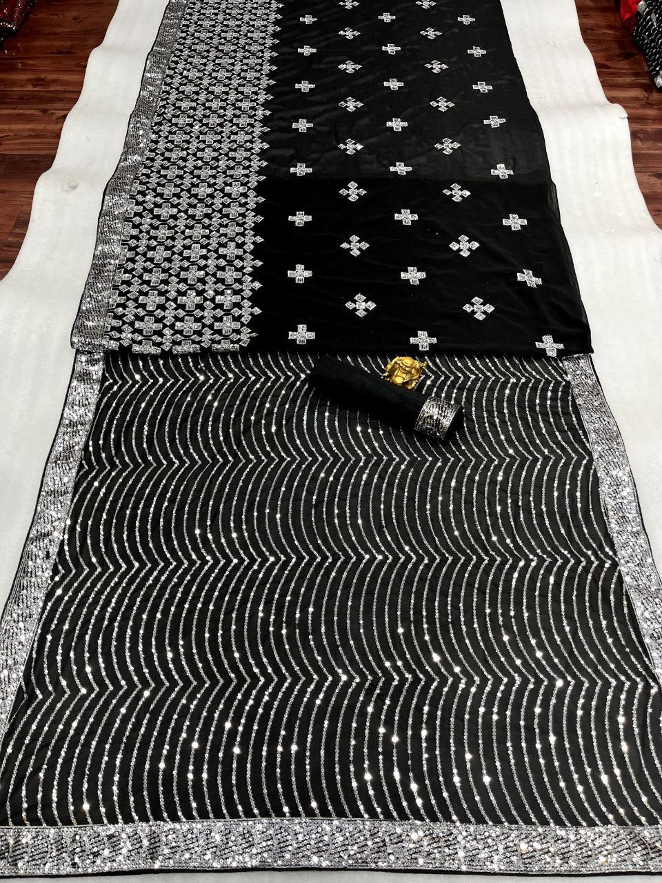 Black Color Georgette Embroidered Party Wear Saree