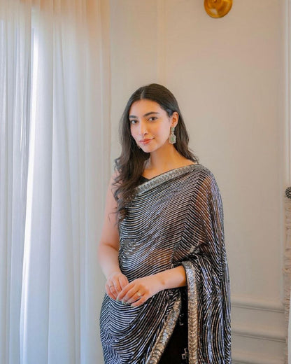 Black Color Georgette Embroidered Party Wear Saree